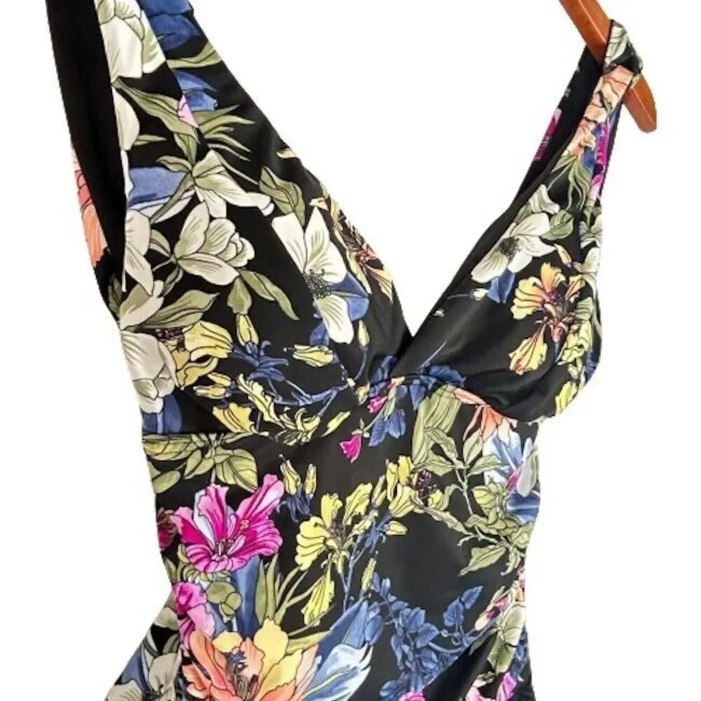 Time and Tru NEW One Piece Swimsuit S Black with Pink Blue Yellow Floral NWT - Picture 2 of 8